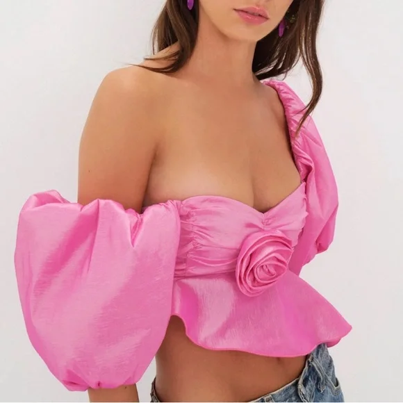 New For Love & Lemons x Free People Judith 3D Rose L 12/14 Iridescent Pink Crop - Picture 5 of 6